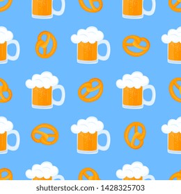 Bretzel and Mug of beer with foam. Traditional German pastries. National food to Oktoberfest. Seamless pattern