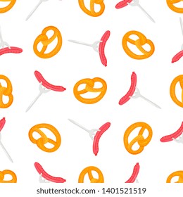 Bretzel and Sausage grill on a fork . Traditional German pastries. National food to Oktoberfest. Seamless pattern