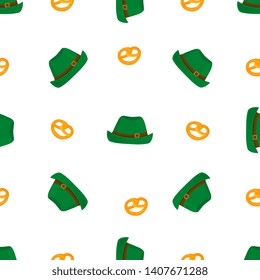 Bretzel and Traditional German green vintage hat . National food to Oktoberfest. Seamless pattern