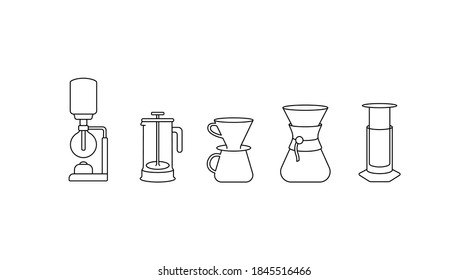 Brew bar simple thin line icon vector illustration. Syphon, aeropress, french press, pour over. Alternative coffee brewing methods. Specialty coffee. 