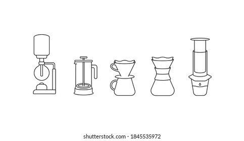 Brew bar simple thin line icon vector illustration. Syphon, aeropress, french press, pour over. Alternative coffee brewing methods. Specialty coffee.