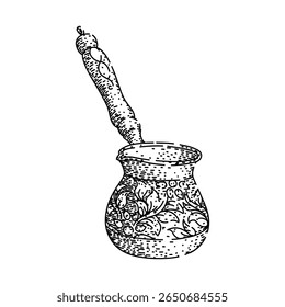 brew cezve café turco mão desenhada. aroma tradicional, pote de espuma, calor assado brew cezve café turco esboço vetor. ilustração preta isolada