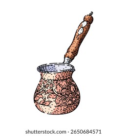 brew cezve café turco mão desenhada. aroma tradicional, pote de espuma, calor assado brew cezve café turco esboço vetor. ilustração de cor isolada