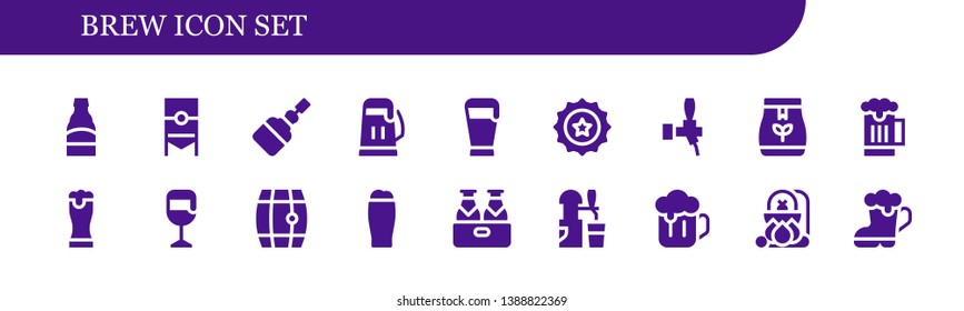brew icon set. 18 filled brew icons.  Collection Of - Beer, Fermentation, Beer cap, Tea bag, Cauldron