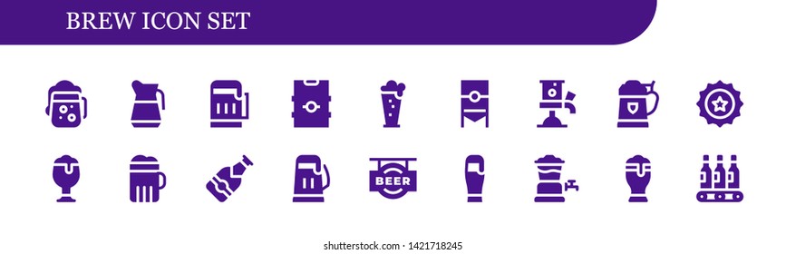 brew icon set. 18 filled brew icons.  Collection Of - Beer, Beer tap, Beer cap, Beers