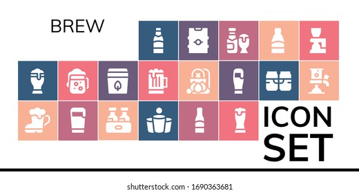 brew icon set. 19 filled brew icons.  Simple modern icons such as: Beer, Beer pong, Tea bag, Cauldron, Beer tap