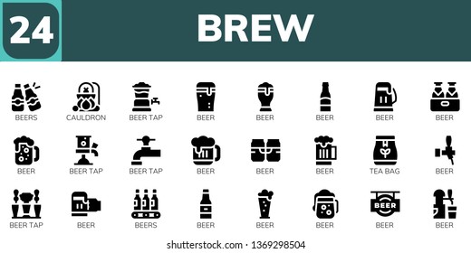 brew icon set. 24 filled brew icons.  Collection Of - Beers, Cauldron, Beer tap, Beer, Tea bag