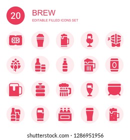 brew icon set. Collection of 20 filled brew icons included Beer, Hop, Beers, Beer keg, Cauldron