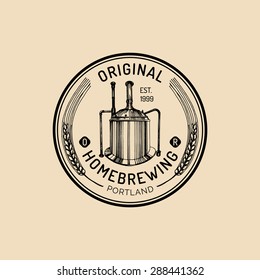 Brew kettle logo. Kraft beer mug logo. Lager cup retro sign. Hand sketched ale illustration. Vector vintage homebrewing label or badge.