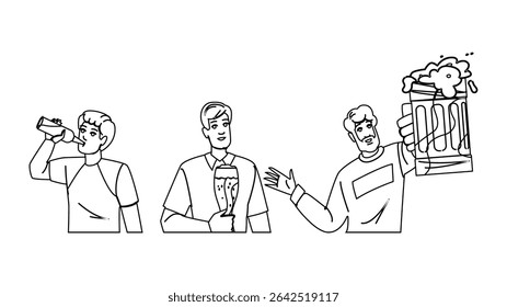 brew man drinking beer vector. pint lager, pub bar, cheers refreshment brew man drinking beer character. people black line pencil drawing illustration