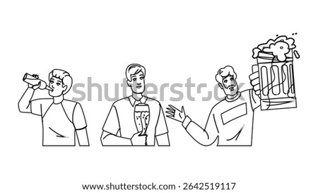 brew man drinking beer vector. pint lager, pub bar, cheers refreshment brew man drinking beer character. people black line pencil drawing illustration