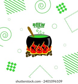 Brew a Potion Day event banner. A large stove is cooking a potion with a wooden stirrer, with bold text on white background to celebrate on January 19