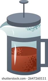  with brewed coffee inside. The press has a glass body and a metal lid with a plunger. The coffee is dark brown and steaming
