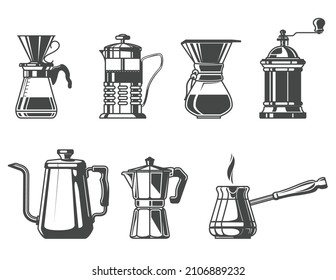 Premium Vector  Coffee machines, french press, cezve, pot, aeropress and  espresso machine. coffee brewing tools, cups and coffee pots vector  illustration set. hot drink coffee element. coffee cup and machine for