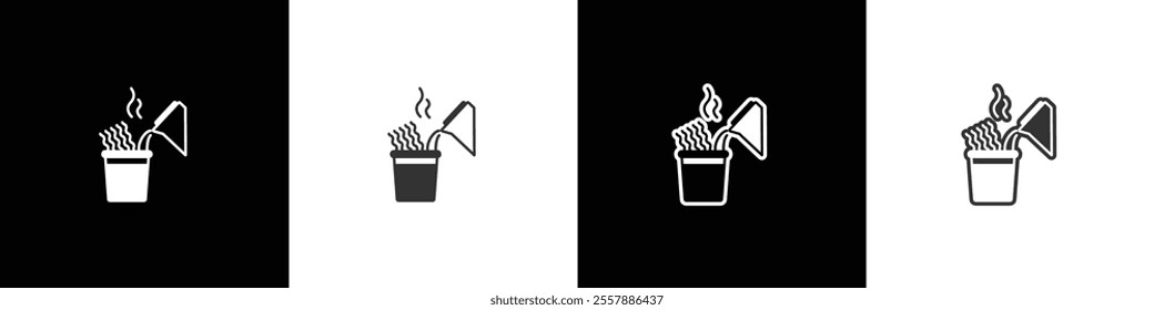 Brewed cup noodles icon. Instant noodles brewed in a cup. Instant food icon. Ramen noodle vector graphic. Collection of flat and linear style noodles on black, white and transparent background.