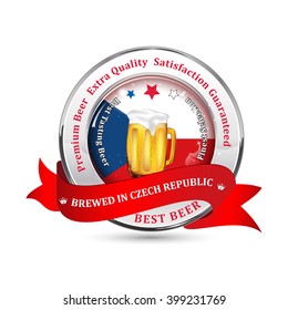 Brewed in Czech Republic - Premium Beer, Satisfaction Guaranteed ribbon advertising for pubs, clubs, restaurants and breweries. Contains beer mug and the Czech Republic flag on the background
