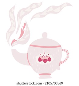 Brewed kettle with berries and fragrance mist on white background. Cartoon vector illustration.