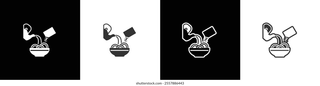 Brewed noodles icon. Instant noodles brewed in a bowl. Instant food icon. Ramen noodle vector graphic. Collection of flat and linear style noodles on black, white and transparent background.