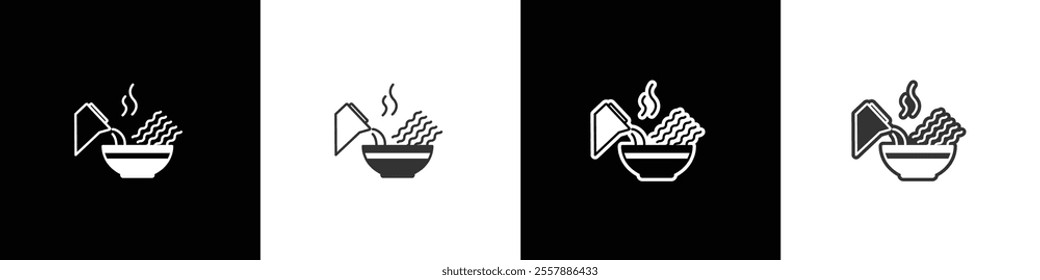 Brewed noodles icon. Instant noodles brewed with hot water. Instant food icon. Ramen noodle vector graphic. Collection of flat and linear style noodles on black, white and transparent background.