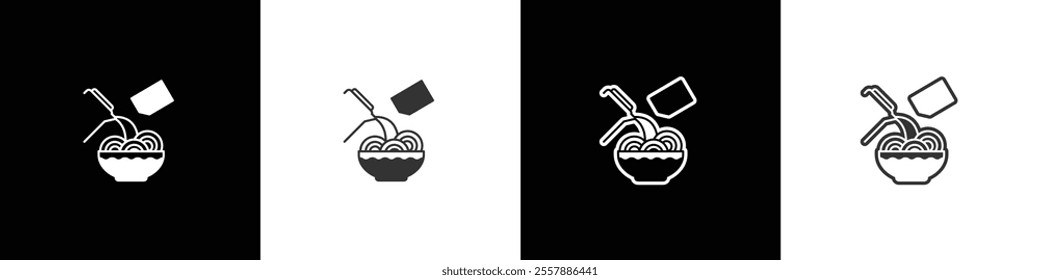 Brewed noodles icon. Instant noodles brewed with spices. Instant food icon. Ramen noodle vector graphic. Collection of flat and linear style noodles on black, white and transparent background.