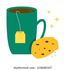 Brewed tea with chocolate cookie classical breakfast flat vector illustration