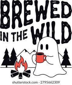 Brewed in the Wild: Cute Ghost Camping with Coffee Vector Illustration