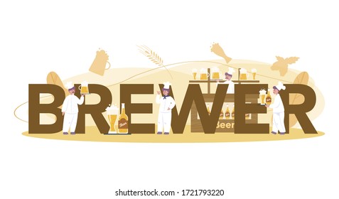 Concepto de cabecera tipográfica de concepto de cerveza o cerveza. Producción de cerveza artesanal, proceso de elaboración. vaso de cerveza de barril, taza de cosecha y botella llena de alcohol. Ilustración vectorial aislada