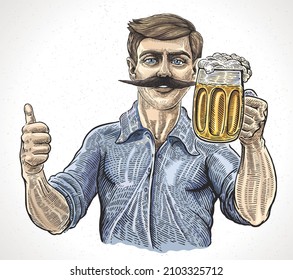 Brewer, or a man who drinks beer with a mug of beer in one hand, and with a raised finger pointing up to positive emotions.