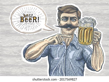 Brewer, (or a man who drinks beer) pointing with a hand gesture at the mug with beer and speech bubble.