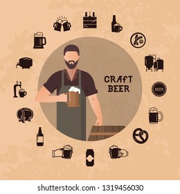 Brewer own brewery with a beer in the hand demonstrating near barrels in vector illustration plus beer icon set isolated. Template man with a beer in hand with a place for the text.