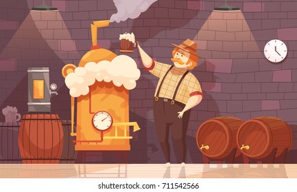 Brewer in own brewery demonstrating beer production near barrels and plant equipment  flat cartoon vector illustration