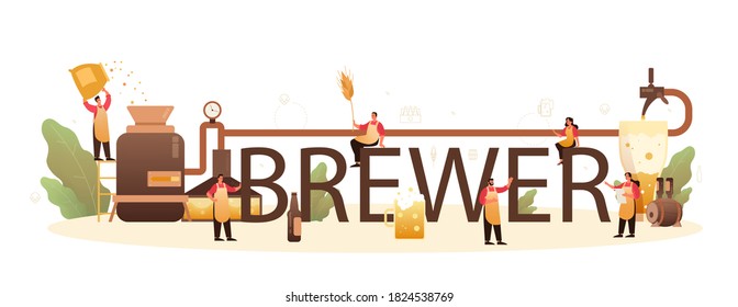 Cabecera tipográfica de la cerveza. Producción de cerveza artesanal, proceso de elaboración. depósito de cerveza de barril, taza de cosecha y botella llena de alcohol. Ilustración vectorial aislada