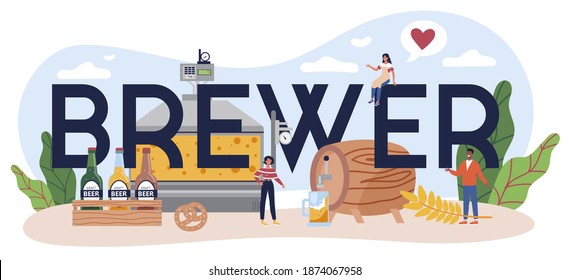 Brewer typographic header. Craft beer production, brewing process. draught beer tank, vintage mug and bottle full of alcohol drink. Bar or pub menu. Isolated flat vector illustration