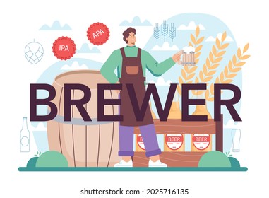 Brewer typographic header. Craft beer production, brewing process. Draught beer tank, vintage mug and bottle full of alcohol drink. Isolated vector illustration