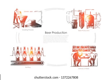 Brewery, ale fermentation process, beverage bottling and delivery, brewer with yeast at alcohol factory banner. Beer production industry, lager brewing concept sketch. Hand drawn vector illustration