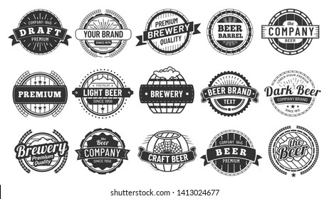 Brewery badge. Draft beer barrel emblem, retro circle badges and quality emblems vintage hipster logo stamps vector set