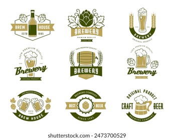 Brewery badges. Beer production decorative labels or logos with place for text recent vector alcohol symbols