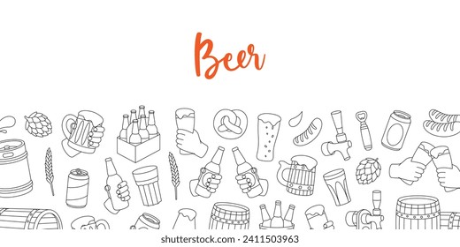 Brewery banner. Barrels, cans, mugs, metal keg, bottle opener, sausages, tap, hop cone. Brewery factory horizontal background.