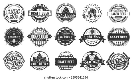 Brewery beer badges. Craft beers emblems, hop lager and pub hops badge isolated vector illustration set