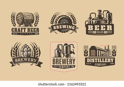 Brewery beer badges. Emblems, hop lager and pub badge set.