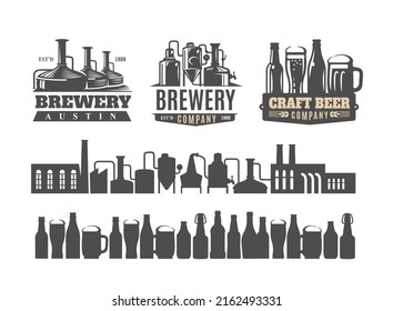 Brewery beer badges. Emblems, hop lager and pub badge set.
