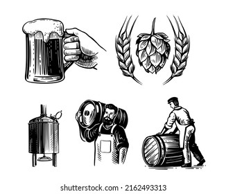 Brewery beer elements. Hop, tank. glass, worker with barrel