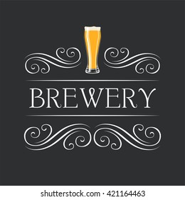 Brewery. Beer glasses. Beer brewery label. Beer glass. Brewery alcohol bar menu. Alcohol beer filigree menu. brewery flourish frame vintage element. Beer bottle. Brewery scroll frame. Vintage swirl.