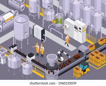 Brewery beer production isometric composition with view of factory facilities with keeves and tubes with workers vector illustration