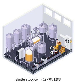 Brewery beer production isometric composition with indoor view of metal jars with tubes and conveyor live vector illustration