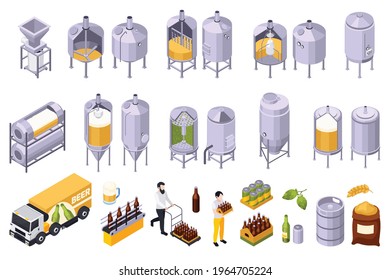 Brewery beer production isometric set of isolated icons with people moving bottle boxes and industrial jars vector illustration