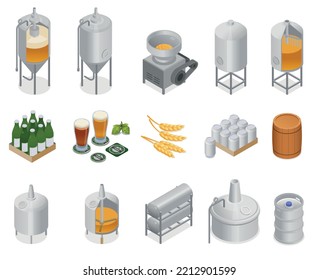 Brewery beer production isometric set with isolated icons of factory facilities tanks tubes on blank background vector illustration