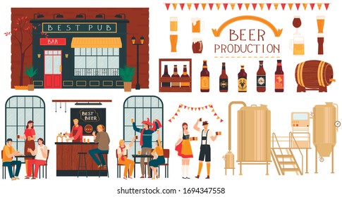 Brewery beer production, people in pub, set of cartoon characters isolated on white, vector illustration. Oktoberfest celebration event, men and women in bar. Beer in bottles and glass mugs, bartender