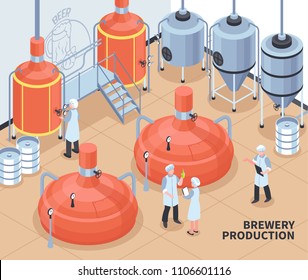 Brewery beer production process isometric composition with personnel controlling hot block and fermentation vats poster vector illustration 