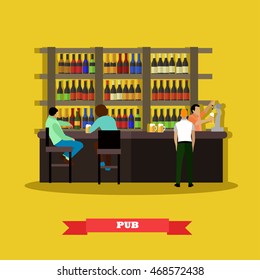 Brewery and beer restaurant concept vector illustration. Visitors drink beer in a bar poster.